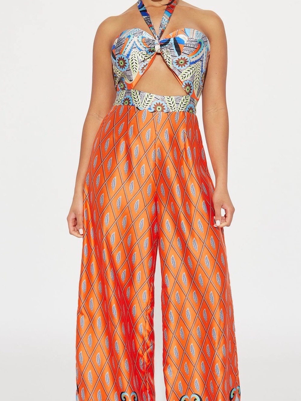 Fashion Nova Orange Halter Cutout Jumpsuit with Printed Bodice